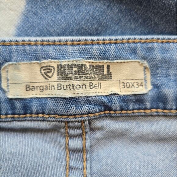 E Rock & Roll Denim Bargain Button Bell Flared Blue Jeans Dyed Frayed Hem Sz 30 - Picture 9 of 10